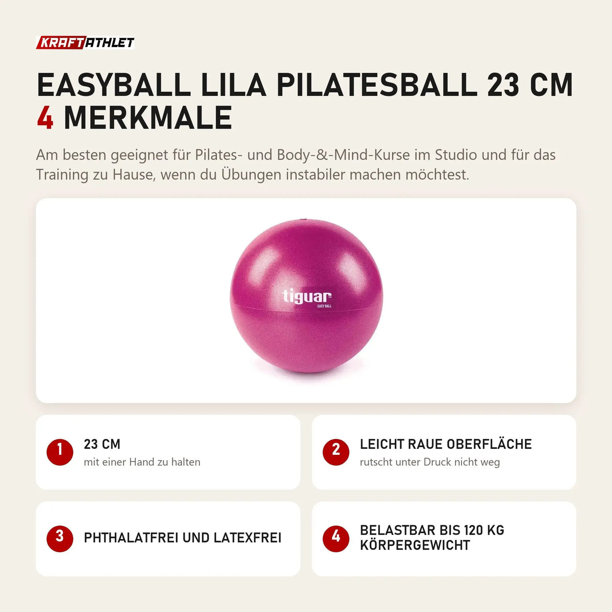 tiguar Easyball Lila Pilatesball 23 cm mit 4 Merkmalen: 23 cm, Leicht raue Oberfläche, Phthalatfrei und latexfrei, Belastbar bis 120 kg Körpergewicht