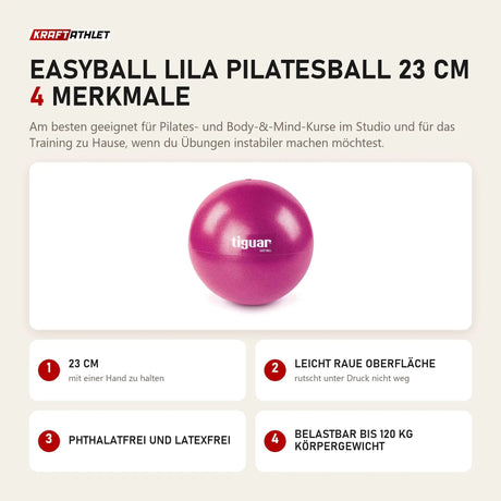 tiguar Easyball Lila Pilatesball 23 cm mit 4 Merkmalen: 23 cm, Leicht raue Oberfläche, Phthalatfrei und latexfrei, Belastbar bis 120 kg Körpergewicht