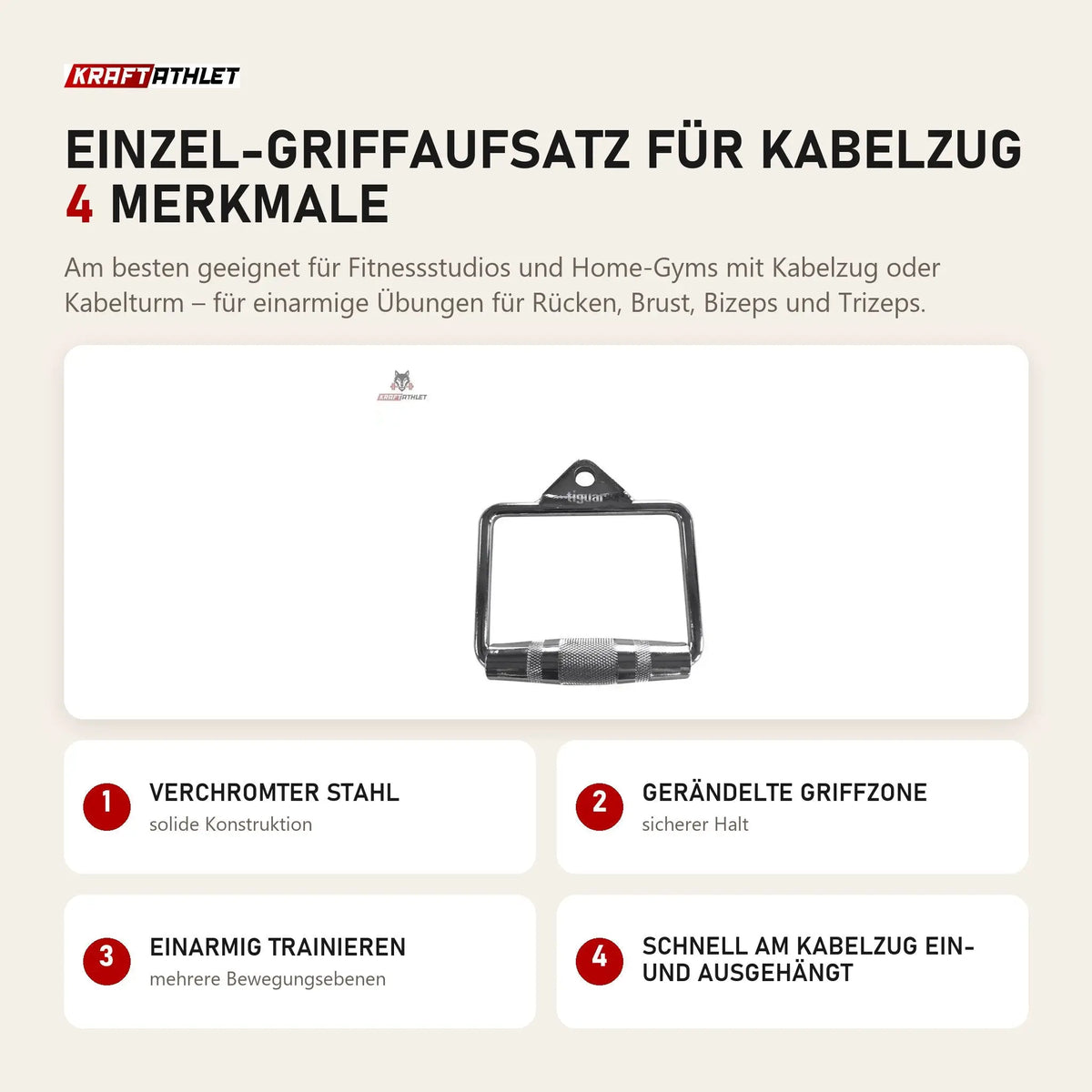 tiguar Einzel-Griffaufsatz für Kabelzug mit 4 Merkmalen: Verchromter Stahl, Gerändelte Griffzone, Einarmig trainieren, Schnell am Kabelzug ein- und ausgehängt