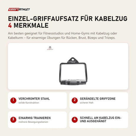 tiguar Einzel-Griffaufsatz für Kabelzug mit 4 Merkmalen: Verchromter Stahl, Gerändelte Griffzone, Einarmig trainieren, Schnell am Kabelzug ein- und ausgehängt