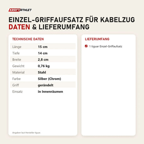 Technische Daten und Lieferumfang von tiguar Einzel-Griffaufsatz für Kabelzug als Tabelle