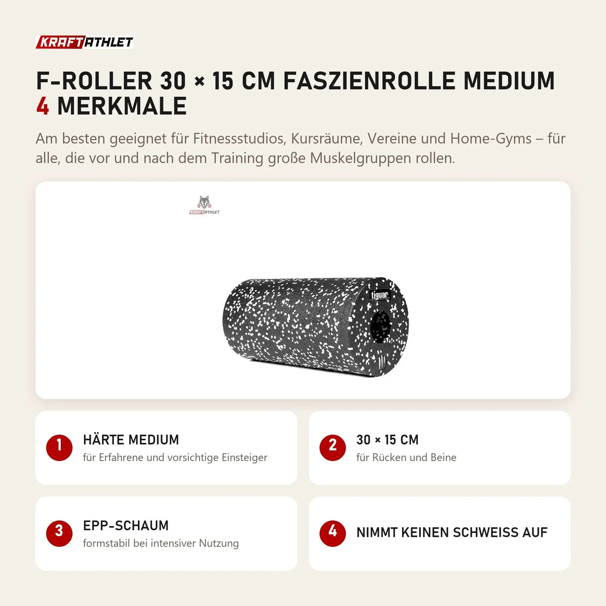 tiguar F-Roller 30 × 15 cm Faszienrolle Medium mit 4 Merkmalen: Härte Medium, 30 × 15 cm, EPP-Schaum, Nimmt keinen Schweiß auf