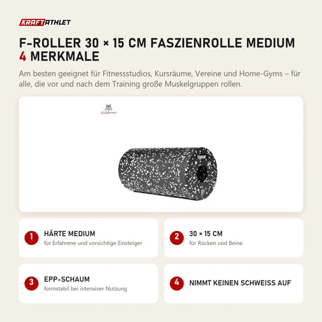tiguar F-Roller 30 × 15 cm Faszienrolle Medium mit 4 Merkmalen: Härte Medium, 30 × 15 cm, EPP-Schaum, Nimmt keinen Schweiß auf