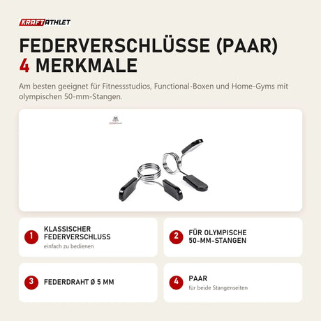 tiguar Federverschlüsse (Paar) mit 4 Merkmalen: Klassischer Federverschluss, Für olympische 50-mm-Stangen, Federdraht Ø 5 mm, Paar