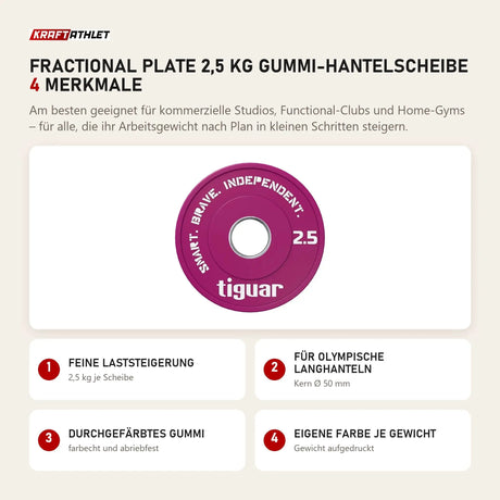 tiguar Fractional Plate 2,5 kg Gummi-Hantelscheibe mit 4 Merkmalen: Feine Laststeigerung, Für olympische Langhanteln, Durchgefärbtes Gummi, Eigene Farbe je Gewicht
