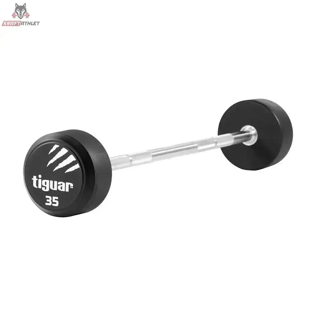 tiguar Gerade PU Langhantel 15 kg, Variante 35 kg, Schrägansicht mit PU-Scheiben