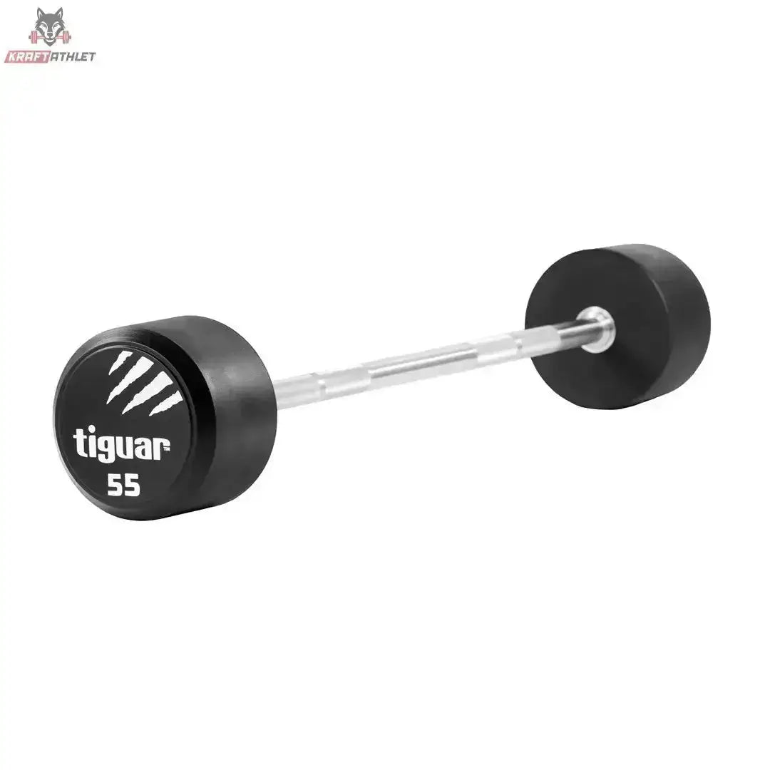 tiguar Gerade PU Langhantel 15 kg, Variante 55 kg, Schrägansicht mit PU-Scheiben