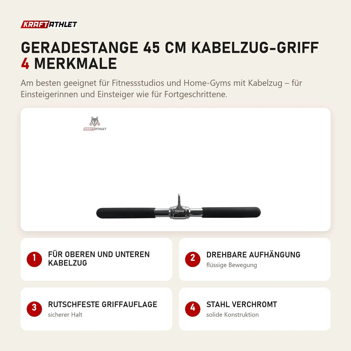 tiguar Geradestange 45 cm Kabelzug-Griff mit 4 Merkmalen: Für oberen und unteren Kabelzug, Drehbare Aufhängung, Rutschfeste Griffauflage, Stahl verchromt