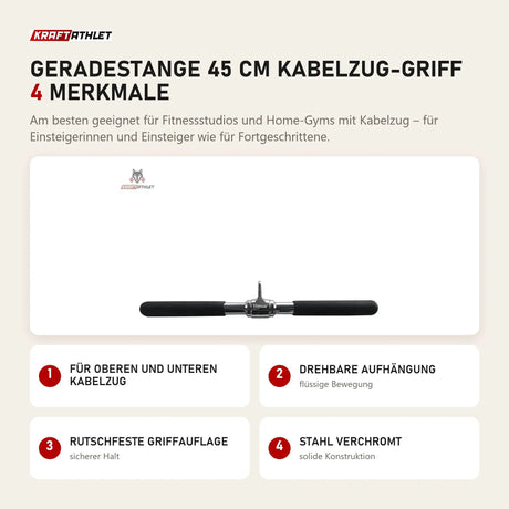 tiguar Geradestange 45 cm Kabelzug-Griff mit 4 Merkmalen: Für oberen und unteren Kabelzug, Drehbare Aufhängung, Rutschfeste Griffauflage, Stahl verchromt