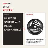 Frage und Antwort zu tiguar Gewichtsscheibe PU 20 kg Hantelscheibe: Passt die Scheibe auf meine Langhantel?