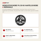 tiguar Gewichtsscheibe PU 20 kg Hantelscheibe mit 4 Merkmalen: Drei Griffe, PU-Ummantelung, Dämpft Vibrationen, Stahlring in der Bohrung