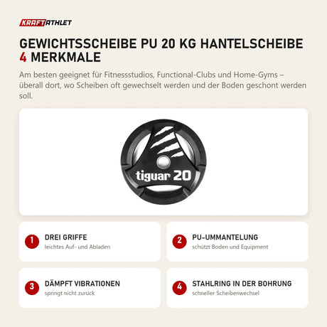 tiguar Gewichtsscheibe PU 20 kg Hantelscheibe mit 4 Merkmalen: Drei Griffe, PU-Ummantelung, Dämpft Vibrationen, Stahlring in der Bohrung