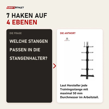 Frage und Antwort zu tiguar Hantelscheiben-Rack für PU-Scheiben: Welche Stangen passen in die Stangenhalter?