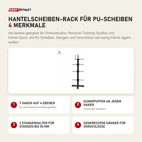 tiguar Hantelscheiben-Rack für PU-Scheiben mit 4 Merkmalen: 7 Haken auf 4 Ebenen, Gummipuffer an jedem Haken, 2 Stangenhalter für Stangen bis 50 mm, Senkrechter Hänger für Verschlüsse