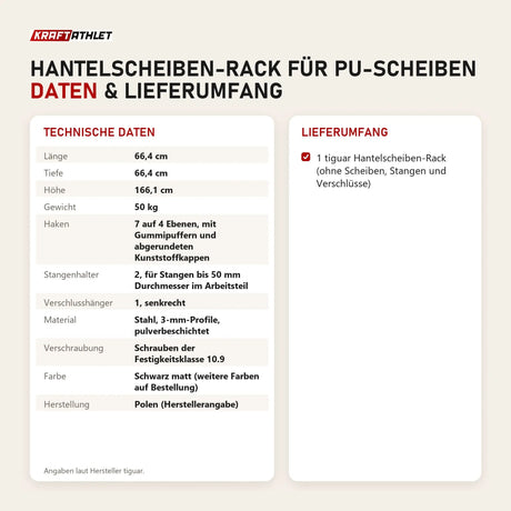 Technische Daten und Lieferumfang von tiguar Hantelscheiben-Rack für PU-Scheiben als Tabelle