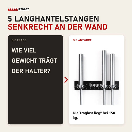 Frage und Antwort zu tiguar Hantelstangen-Wandhalter für 5 Stangen: Wie viel Gewicht trägt der Halter?