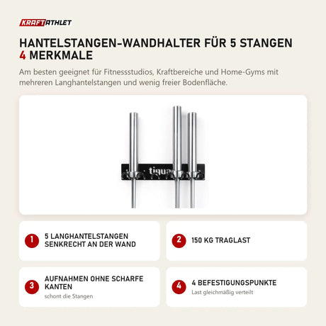 tiguar Hantelstangen-Wandhalter für 5 Stangen mit 4 Merkmalen: 5 Langhantelstangen senkrecht an der Wand, 150 kg Traglast, Aufnahmen ohne scharfe Kanten, 4 Befestigungspunkte