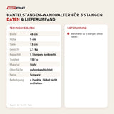 Technische Daten und Lieferumfang von tiguar Hantelstangen-Wandhalter für 5 Stangen als Tabelle