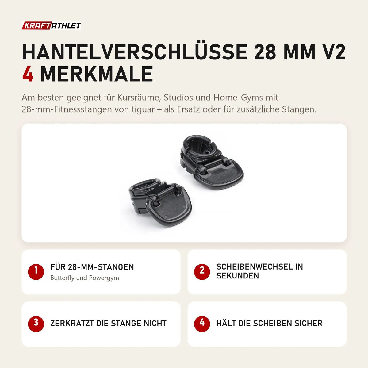 tiguar Hantelverschlüsse 28 mm V2 mit 4 Merkmalen: Für 28-mm-Stangen, Scheibenwechsel in Sekunden, Zerkratzt die Stange nicht, Hält die Scheiben sicher