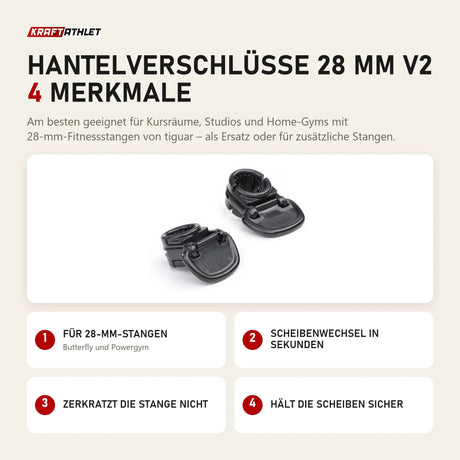 tiguar Hantelverschlüsse 28 mm V2 mit 4 Merkmalen: Für 28-mm-Stangen, Scheibenwechsel in Sekunden, Zerkratzt die Stange nicht, Hält die Scheiben sicher