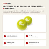 tiguar Heavyball 0,5 kg Paar Olive Gewichtsball mit 4 Merkmalen: Zwei Bälle à 0,5 kg, Ø 9 cm, Sandfüllung, Weiche PVC-Hülle