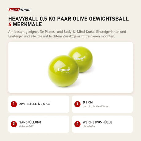 tiguar Heavyball 0,5 kg Paar Olive Gewichtsball mit 4 Merkmalen: Zwei Bälle à 0,5 kg, Ø 9 cm, Sandfüllung, Weiche PVC-Hülle