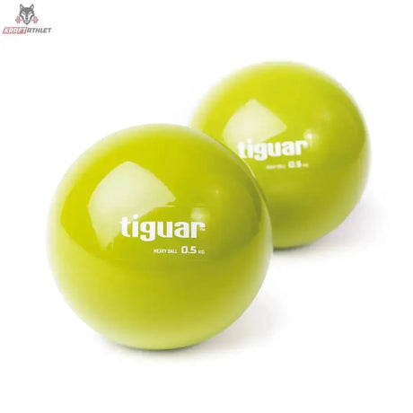 tiguar Heavyball 0,5 kg Paar Olive Gewichtsball, zwei olivgrüne Bälle mit Logo und Gewichtsangabe