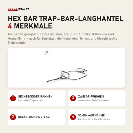 tiguar Hex Bar Trap-Bar-Langhantel mit 4 Merkmalen: Sechseckiger Rahmen, Zwei Griffhöhen, Belastbar bis 315 kg, 50-mm-Aufnahme