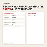 Technische Daten und Lieferumfang von tiguar Hex Bar Trap-Bar-Langhantel als Tabelle