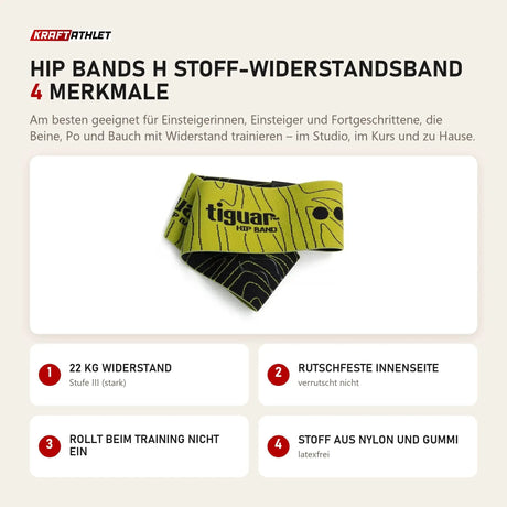 tiguar Hip Bands H Stoff-Widerstandsband mit 4 Merkmalen: 22 kg Widerstand, Rutschfeste Innenseite, Rollt beim Training nicht ein, Stoff aus Nylon und Gummi