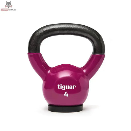 tiguar Kettlebell 4 kg Vinyl in Lila mit schwarzem Griff, Frontansicht der 4-kg-Ausführung