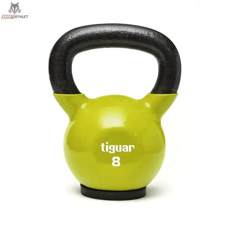 tiguar Kettlebell 4 kg Vinyl, Frontansicht der 8-kg-Ausführung in Gelbgrün mit schwarzem Griff
