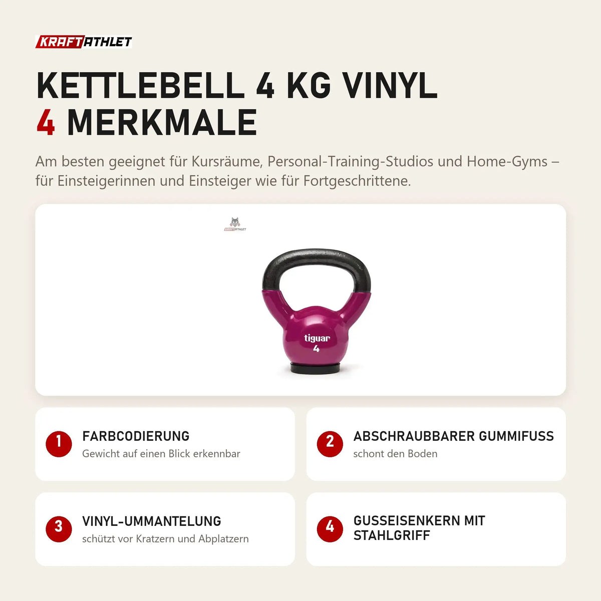 tiguar Kettlebell 4 kg Vinyl mit 4 Merkmalen: Farbcodierung, Abschraubbarer Gummifuß, Vinyl-Ummantelung, Gusseisenkern mit Stahlgriff