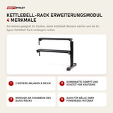 tiguar Kettlebell-Rack Erweiterungsmodul mit 4 Merkmalen: 2 weitere Ablagen à 100 cm, Gummimatte dämpft und schützt vor Kratzern, Montage am Standbein des Basis-Racks, Auch für Bälle oder Powerbags nutzbar
