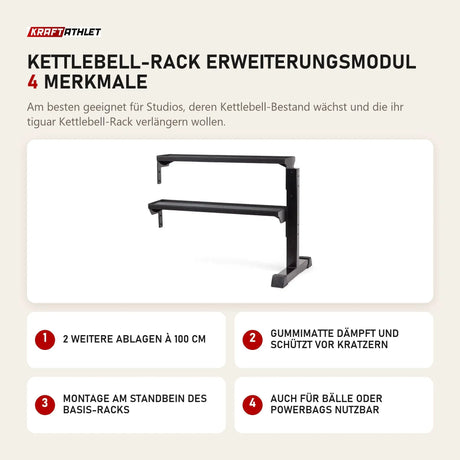 tiguar Kettlebell-Rack Erweiterungsmodul mit 4 Merkmalen: 2 weitere Ablagen à 100 cm, Gummimatte dämpft und schützt vor Kratzern, Montage am Standbein des Basis-Racks, Auch für Bälle oder Powerbags nutzbar