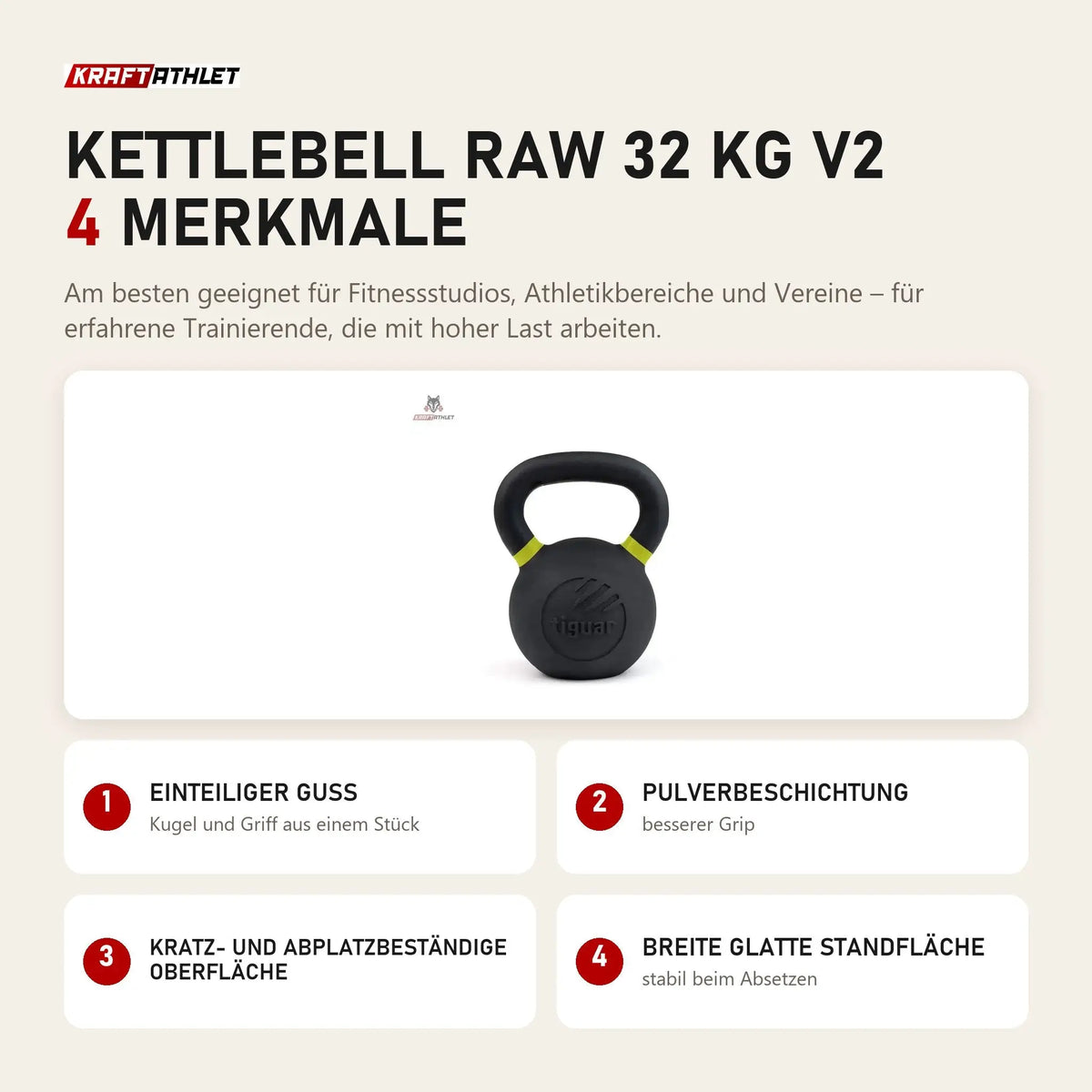 tiguar Kettlebell RAW 32 kg V2 mit 4 Merkmalen: Einteiliger Guss, Pulverbeschichtung, Kratz- und abplatzbeständige Oberfläche, Breite glatte Standfläche