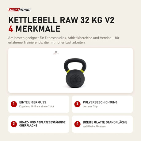 tiguar Kettlebell RAW 32 kg V2 mit 4 Merkmalen: Einteiliger Guss, Pulverbeschichtung, Kratz- und abplatzbeständige Oberfläche, Breite glatte Standfläche