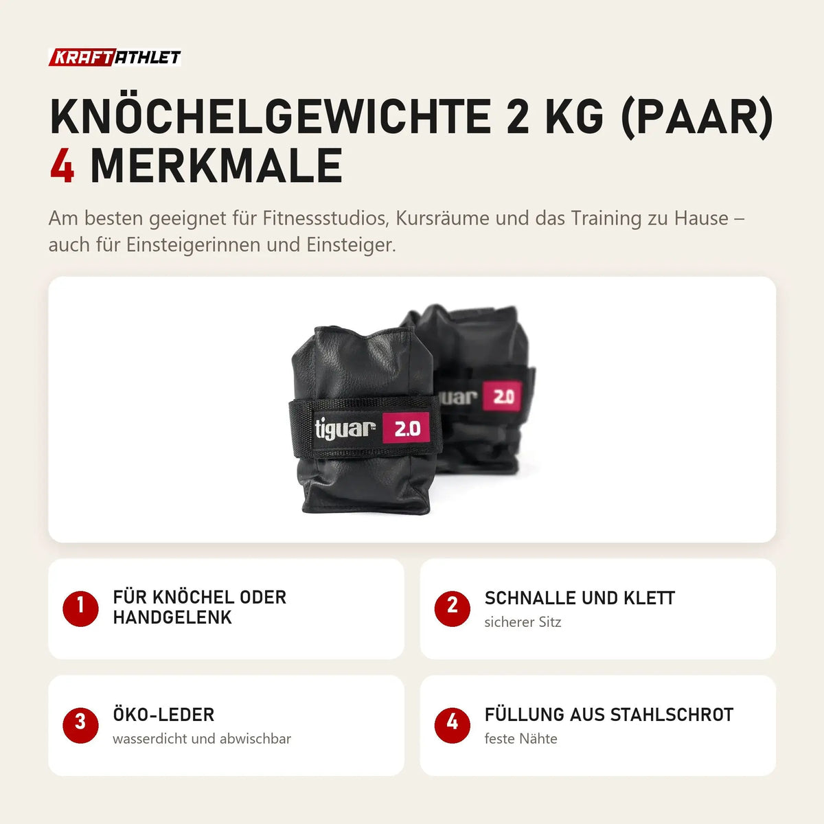 tiguar Knöchelgewichte 2 kg (Paar) mit 4 Merkmalen: Für Knöchel oder Handgelenk, Schnalle und Klett, Öko-Leder, Füllung aus Stahlschrot