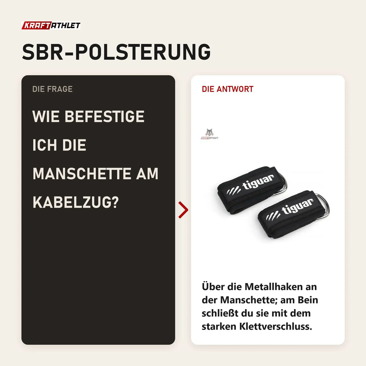 Frage und Antwort zu tiguar Knöchelmanschette für den Kabelzug: Wie befestige ich die Manschette am Kabelzug?