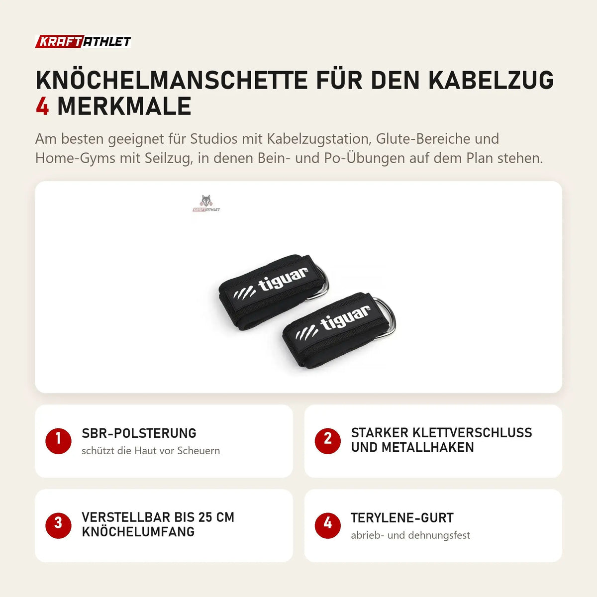 tiguar Knöchelmanschette für den Kabelzug mit 4 Merkmalen: SBR-Polsterung, Starker Klettverschluss und Metallhaken, Verstellbar bis 25 cm Knöchelumfang, Terylene-Gurt