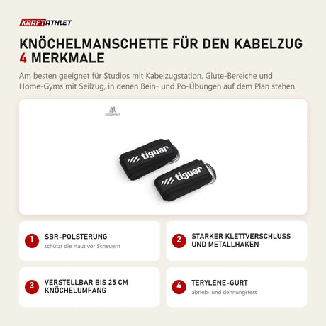 tiguar Knöchelmanschette für den Kabelzug mit 4 Merkmalen: SBR-Polsterung, Starker Klettverschluss und Metallhaken, Verstellbar bis 25 cm Knöchelumfang, Terylene-Gurt