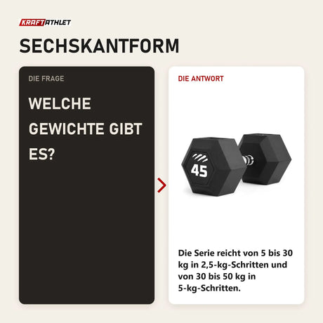 Frage und Antwort zu tiguar Kurzhantel HEX 45 kg Gummi: Welche Gewichte gibt es?