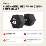 tiguar Kurzhantel HEX 45 kg Gummi mit 4 Merkmalen: Sechskantform, Stabil bei Übungen im Stütz, Gummi, Gerändelter Griff 12,8 cm