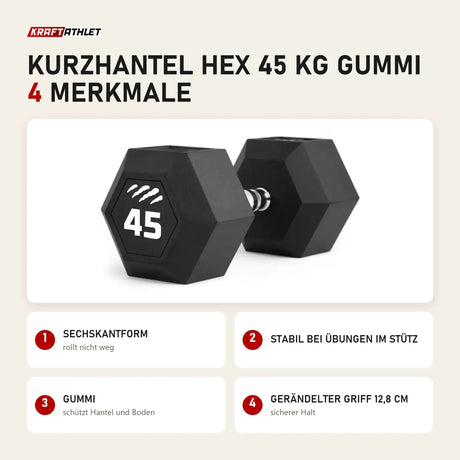 tiguar Kurzhantel HEX 45 kg Gummi mit 4 Merkmalen: Sechskantform, Stabil bei Übungen im Stütz, Gummi, Gerändelter Griff 12,8 cm