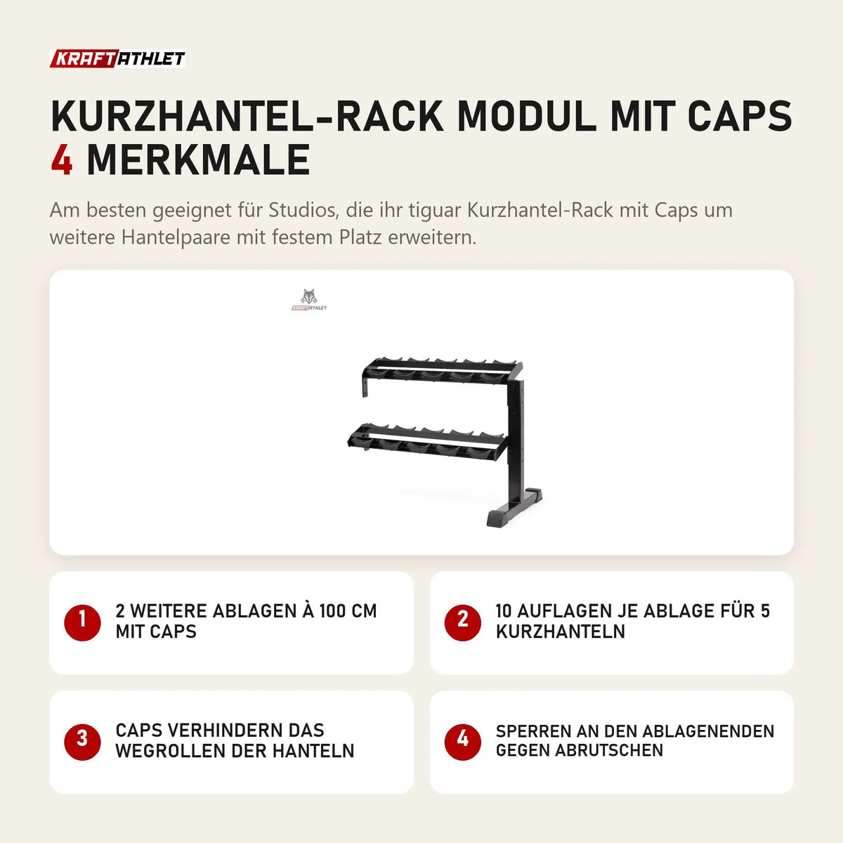 tiguar Kurzhantel-Rack Modul mit Caps mit 4 Merkmalen: 2 weitere Ablagen à 100 cm mit Caps, 10 Auflagen je Ablage für 5 Kurzhanteln, Caps verhindern das Wegrollen der Hanteln, Sperren an den Ablagenenden gegen Abrutschen
