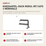 tiguar Kurzhantel-Rack Modul mit Caps mit 4 Merkmalen: 2 weitere Ablagen à 100 cm mit Caps, 10 Auflagen je Ablage für 5 Kurzhanteln, Caps verhindern das Wegrollen der Hanteln, Sperren an den Ablagenenden gegen Abrutschen