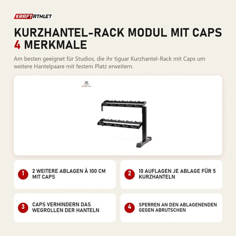 tiguar Kurzhantel-Rack Modul mit Caps mit 4 Merkmalen: 2 weitere Ablagen à 100 cm mit Caps, 10 Auflagen je Ablage für 5 Kurzhanteln, Caps verhindern das Wegrollen der Hanteln, Sperren an den Ablagenenden gegen Abrutschen