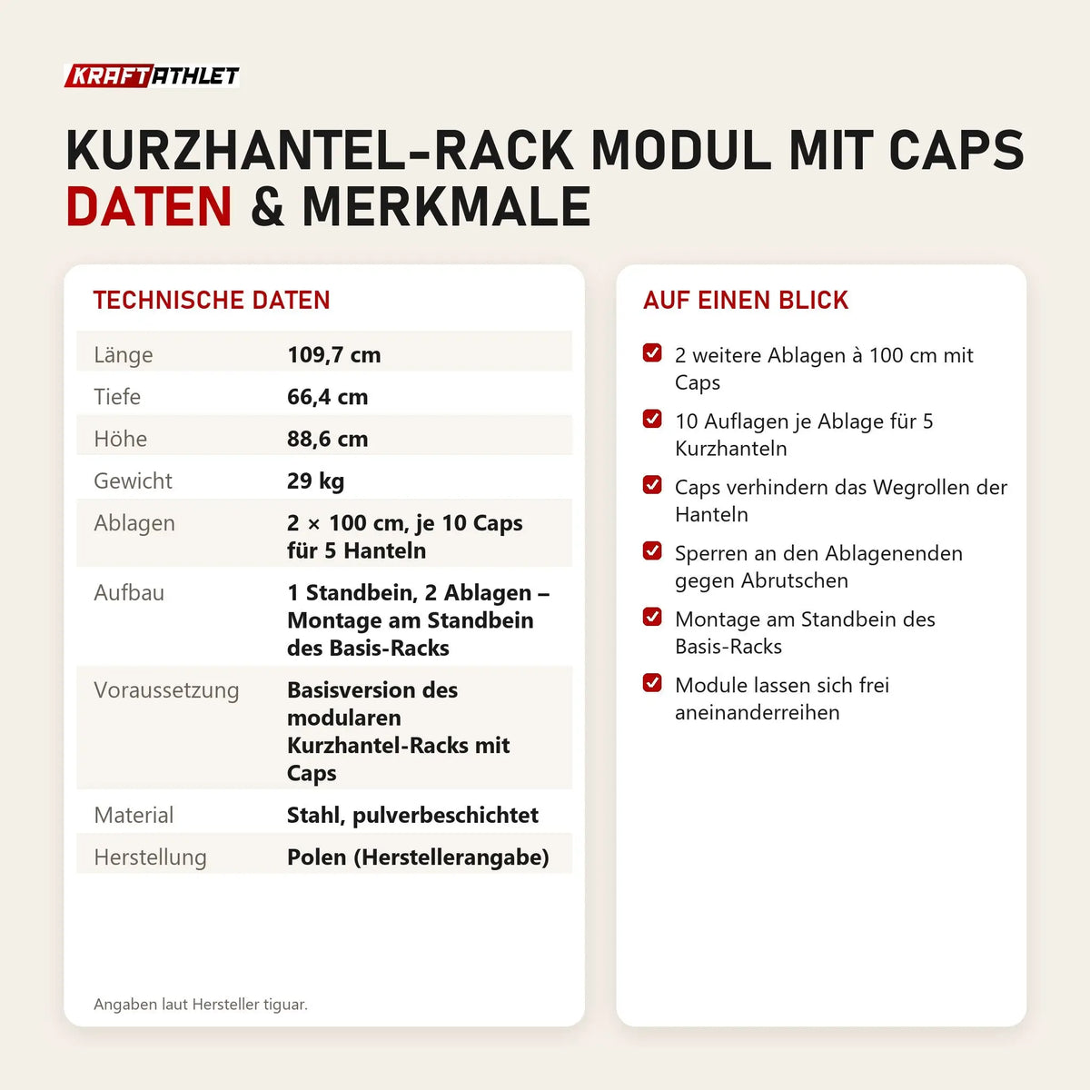 Technische Daten und Merkmale von tiguar Kurzhantel-Rack Modul mit Caps als Tabelle