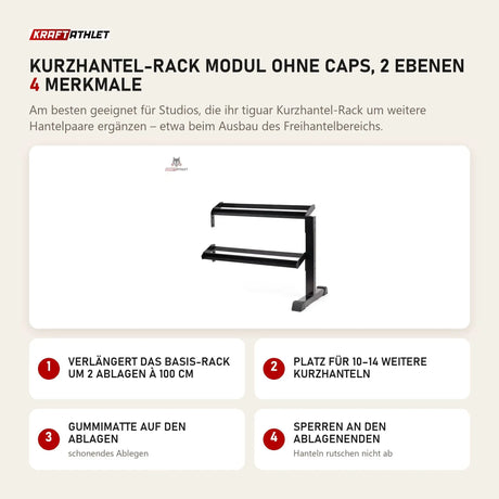 tiguar Kurzhantel-Rack Modul ohne Caps, 2 Ebenen mit 4 Merkmalen: Verlängert das Basis-Rack um 2 Ablagen à 100 cm, Platz für 10–14 weitere Kurzhanteln, Gummimatte auf den Ablagen, Sperren an den Ablagenenden