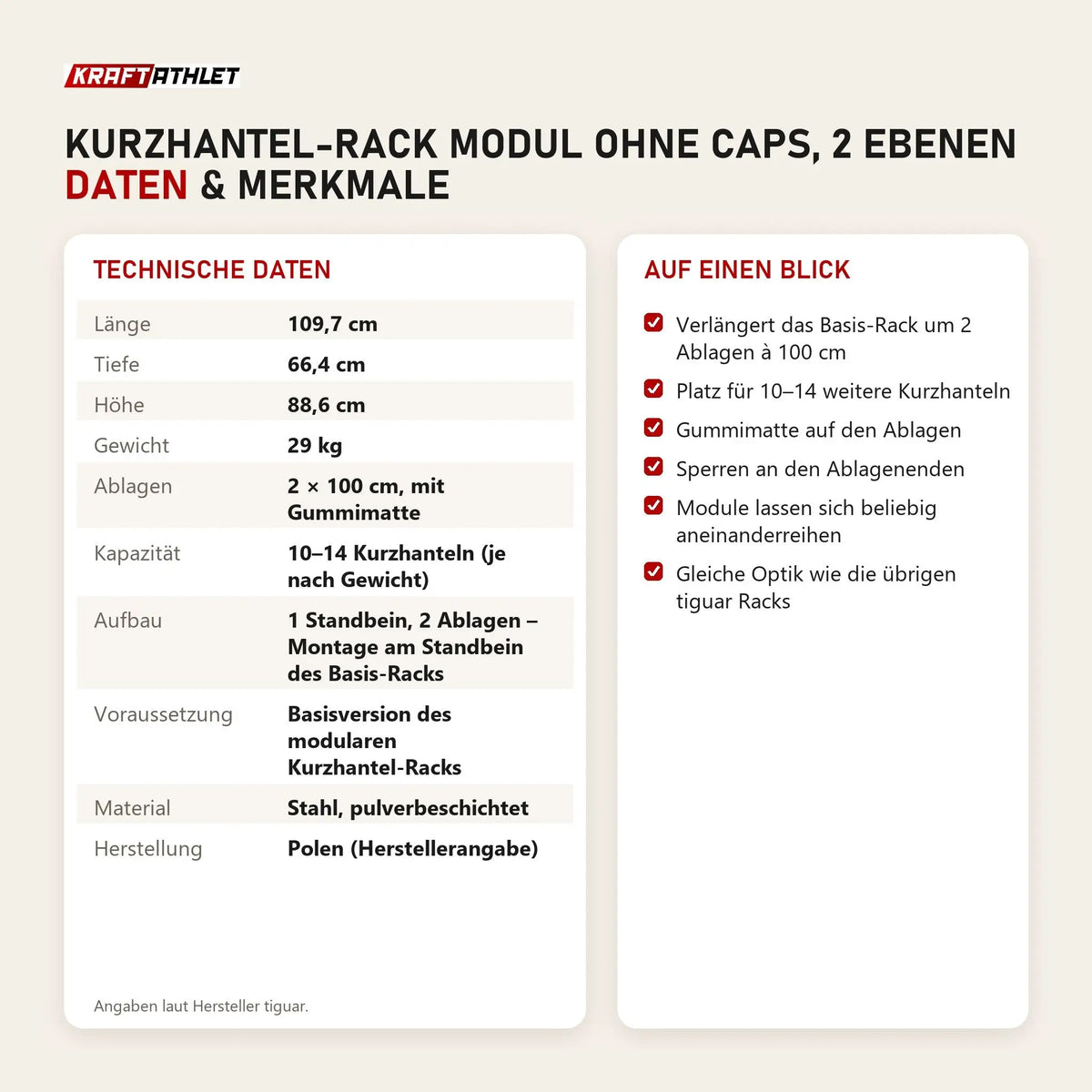Technische Daten und Merkmale von tiguar Kurzhantel-Rack Modul ohne Caps, 2 Ebenen als Tabelle